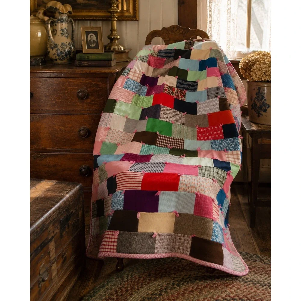 Vintage Handmade Patchwork Tied Quilt Multi Color Scrap‎ Blanket Pink Backing